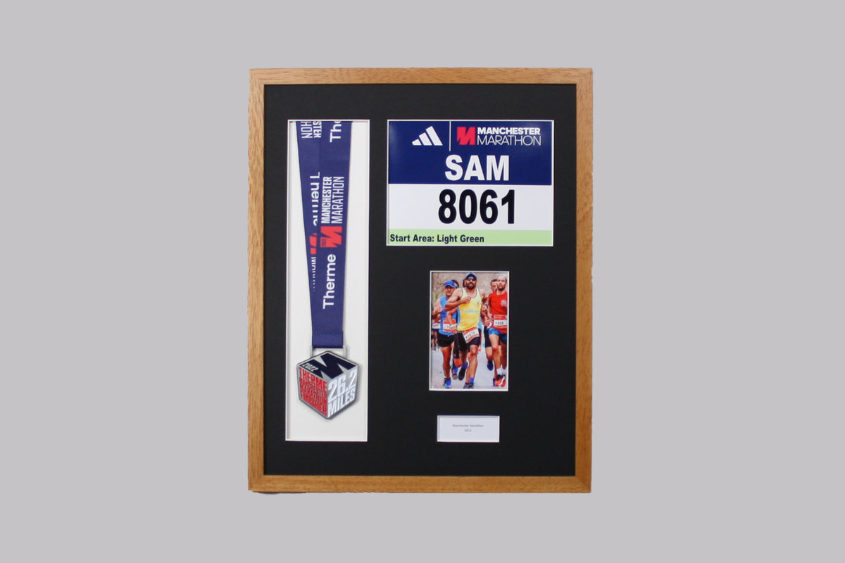 Personalised Medal display Frame with Apertures for Medal, Race Bib (21x16cm), 6x4" Photo and Text. Manchester Marathon