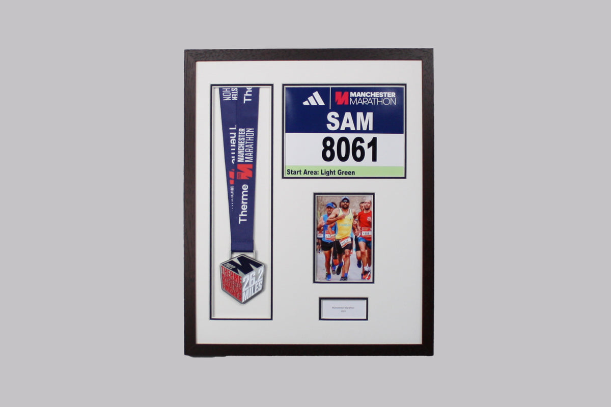 Personalised Medal display Frame with Apertures for Medal, Race Bib (21x16cm), 6x4" Photo and Text. Manchester Marathon
