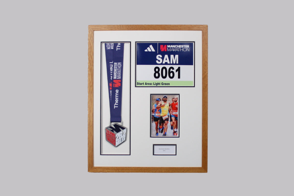 Personalised Medal display Frame with Apertures for Medal, Race Bib (21x16cm), 6x4" Photo and Text. Manchester Marathon