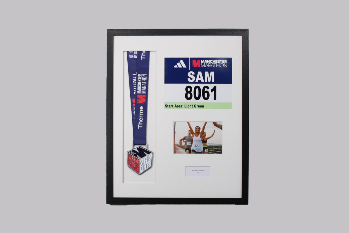 Personalised Medal display Frame with Apertures for Medal, Race Bib (21x16cm), 6x4" Landscape Photo and Text. Manchester Marathon