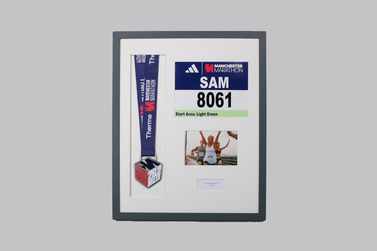 Personalised Medal display Frame with Apertures for Medal, Race Bib (21x16cm), 6x4" Landscape Photo and Text. Manchester Marathon