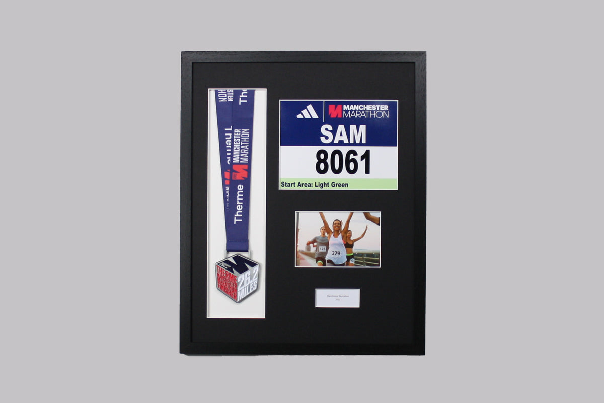 Personalised Medal display Frame with Apertures for Medal, Race Bib (21x16cm), 6x4" Landscape Photo and Text. Manchester Marathon