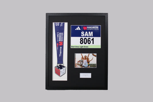Personalised Medal display Frame with Apertures for Medal, Race Bib (21x16cm), 6x4" Landscape Photo and Text. Manchester Marathon