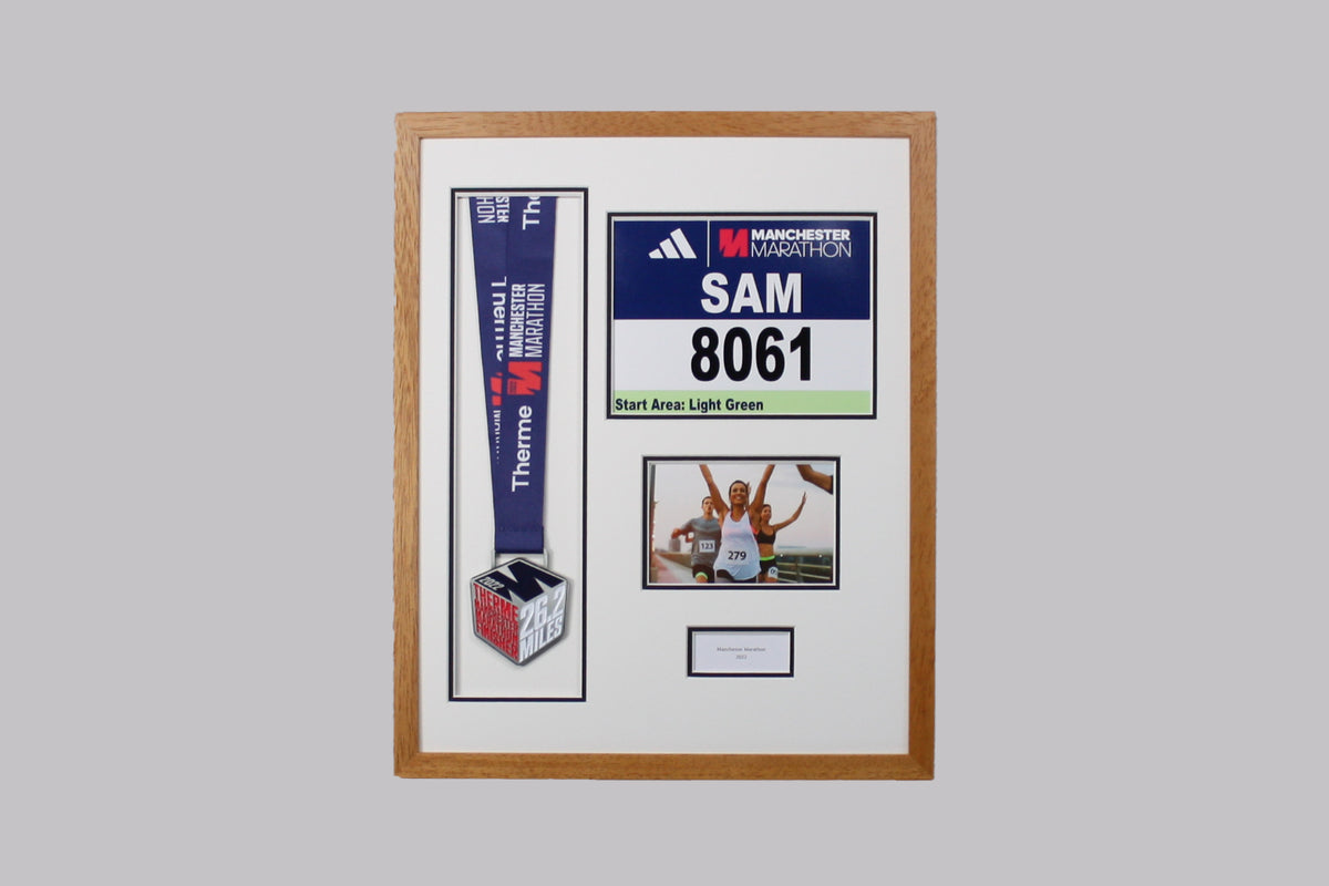 Personalised Medal display Frame with Apertures for Medal, Race Bib (21x16cm), 6x4" Landscape Photo and Text. Manchester Marathon