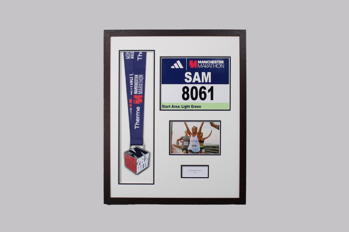 Personalised Medal display Frame with Apertures for Medal, Race Bib (21x16cm), 6x4" Landscape Photo and Text. Manchester Marathon
