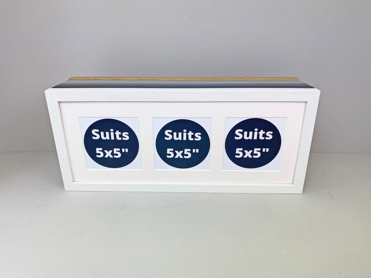 Suits Three 5x5" pictures. 20x50cm. Wooden Multi Aperture Photo Frame. - PhotoFramesandMore