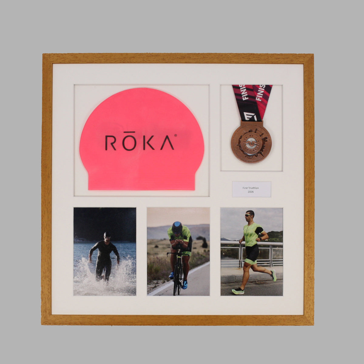 Personalised Triathlon Medal & Swim Cap Display Frame – Medal Holder with 3 Photos (5x7")