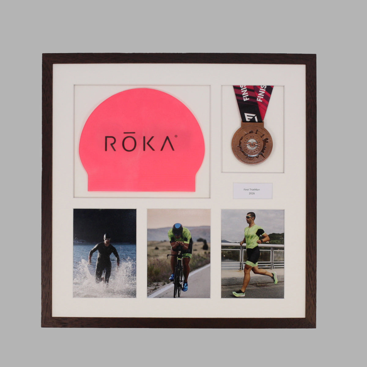 Personalised Triathlon Medal & Swim Cap Display Frame – Medal Holder with 3 Photos (5x7")