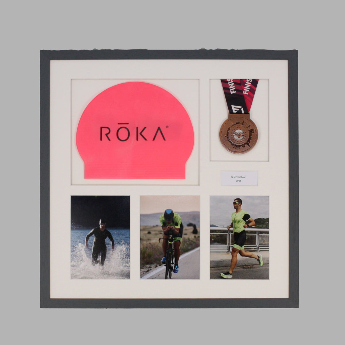 Personalised Triathlon Medal & Swim Cap Display Frame – Medal Holder with 3 Photos (5x7")