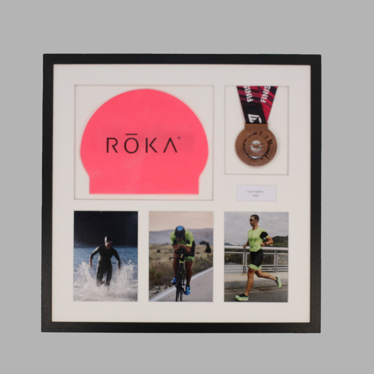 Personalised Triathlon Medal & Swim Cap Display Frame – Medal Holder with 3 Photos (5x7")