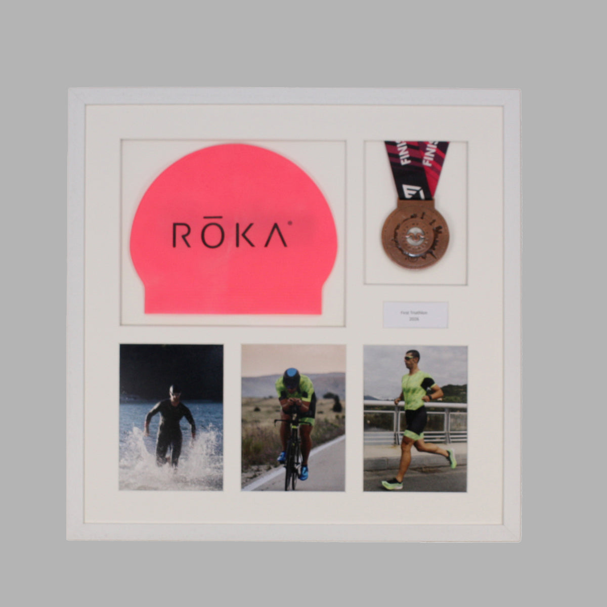 Personalised Triathlon Medal & Swim Cap Display Frame – Medal Holder with 3 Photos (5x7")