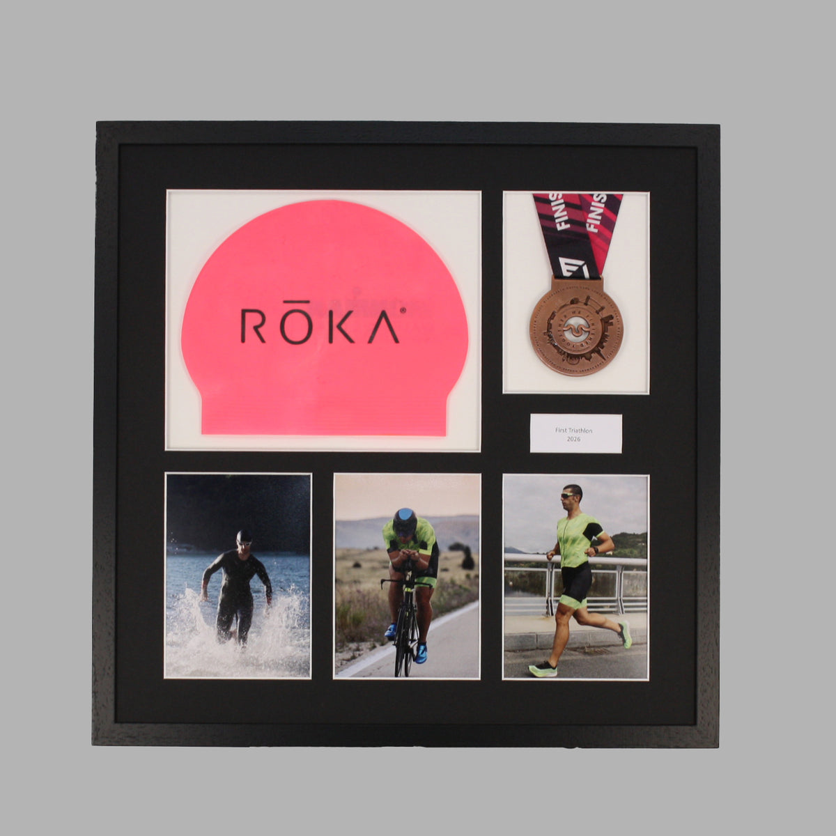 Personalised Triathlon Medal & Swim Cap Display Frame – Medal Holder with 3 Photos (5x7")