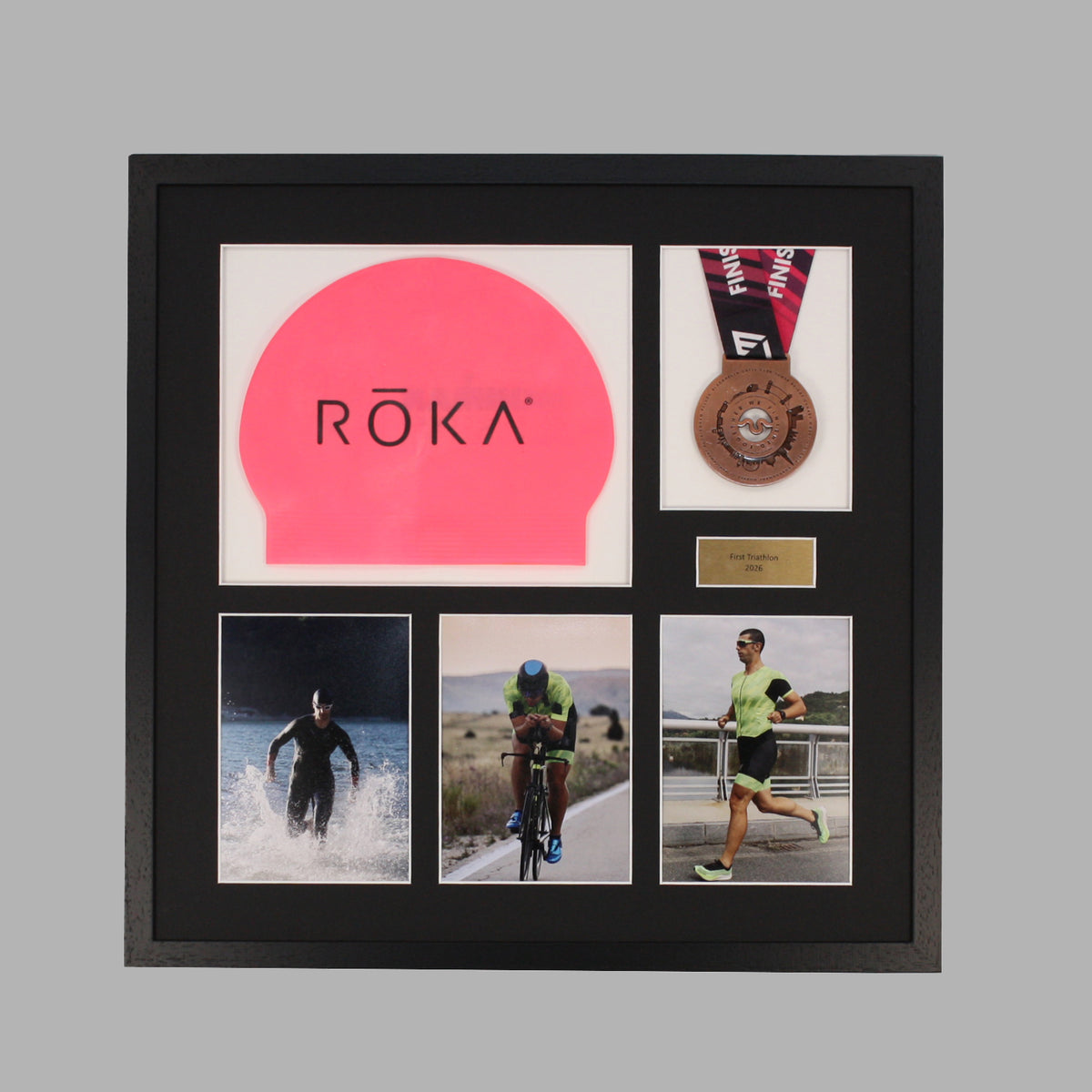 Personalised Triathlon Medal & Swim Cap Display Frame – Medal Holder with 3 Photos (5x7")