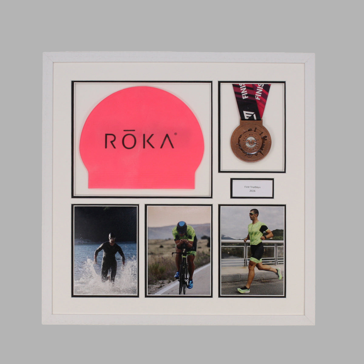 Personalised Triathlon Medal & Swim Cap Display Frame – Medal Holder with 3 Photos (5x7")