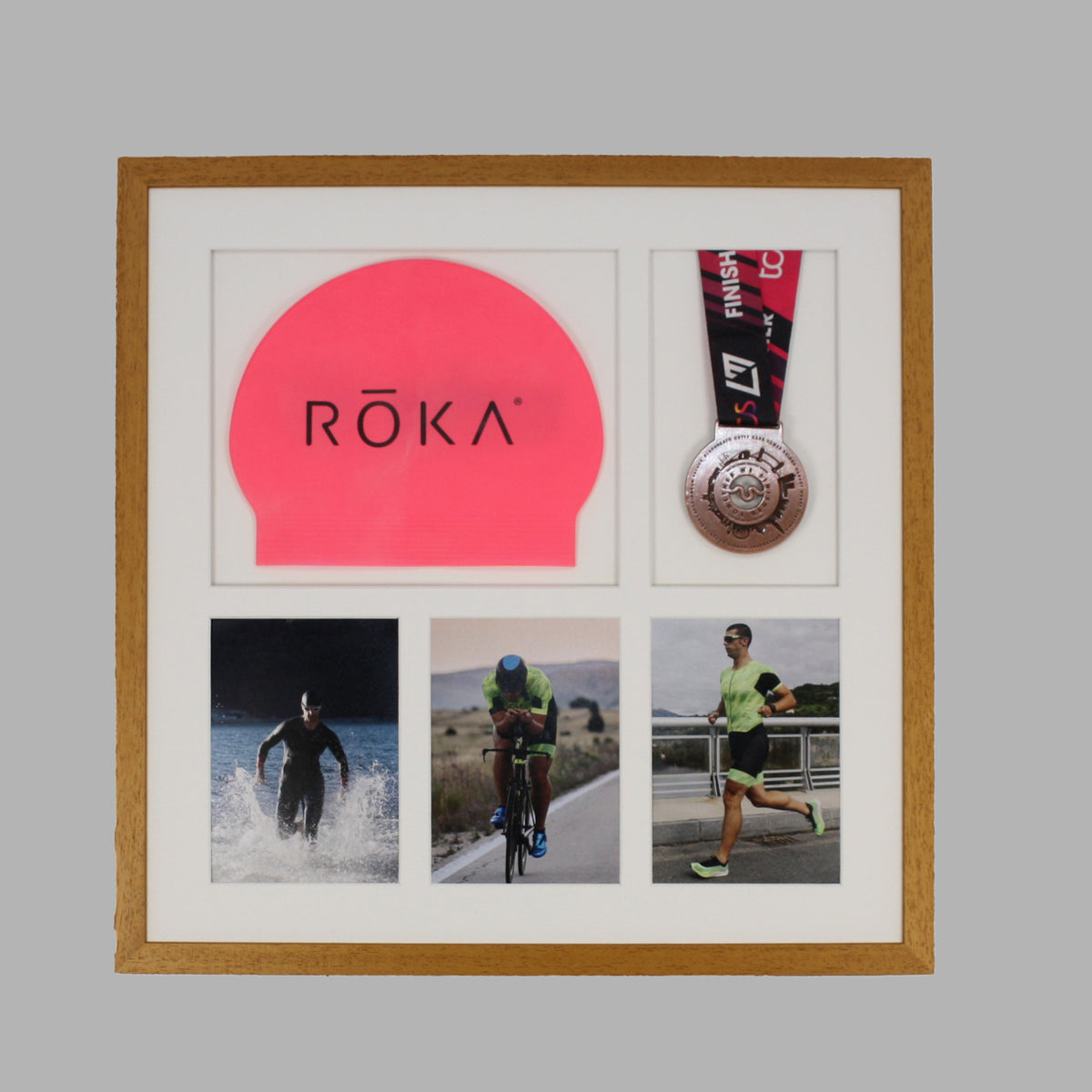 Triathlon Medal & Swim Cap Display Frame – Medal Holder with 3 Photos (5x7")
