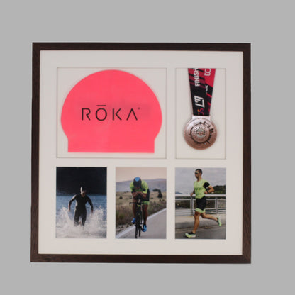 Triathlon Medal & Swim Cap Display Frame – Medal Holder with 3 Photos (5x7")
