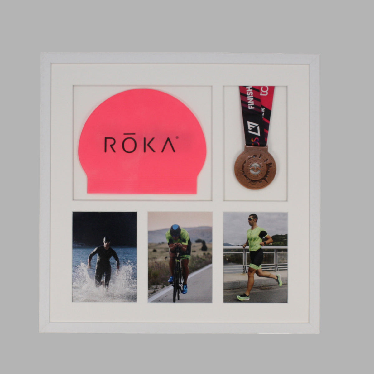 Triathlon Medal & Swim Cap Display Frame – Medal Holder with 3 Photos (5x7")