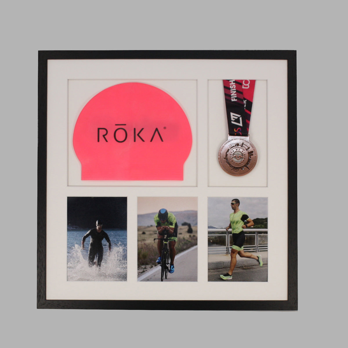 Triathlon Medal & Swim Cap Display Frame – Medal Holder with 3 Photos (5x7")