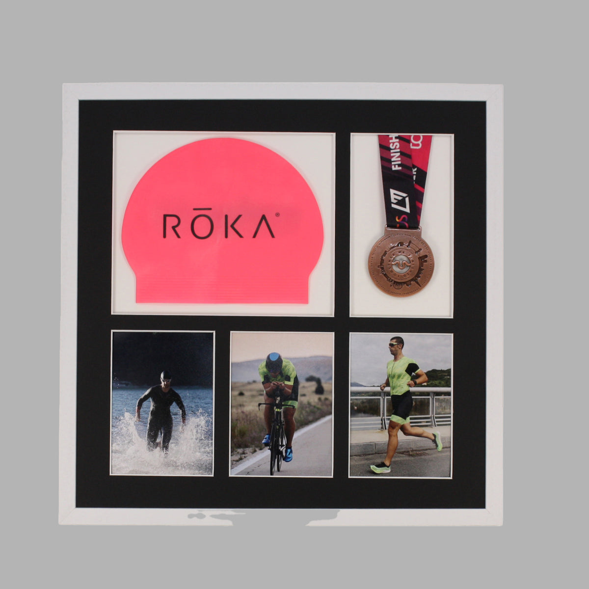 Triathlon Medal & Swim Cap Display Frame – Medal Holder with 3 Photos (5x7")