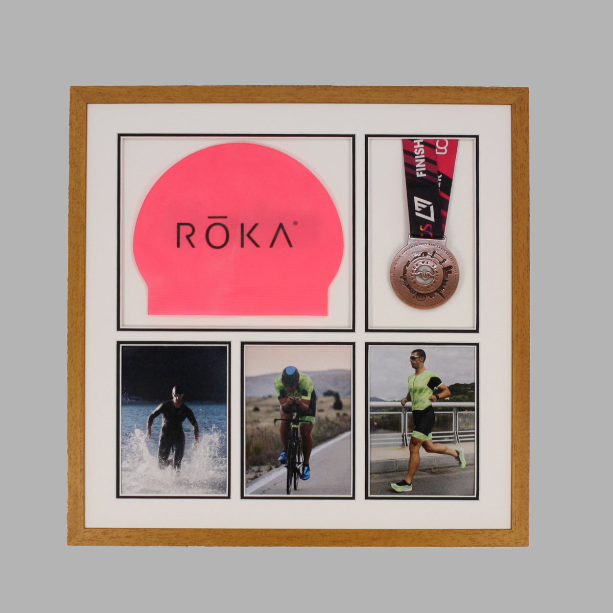 Triathlon Medal & Swim Cap Display Frame – Medal Holder with 3 Photos (5x7")
