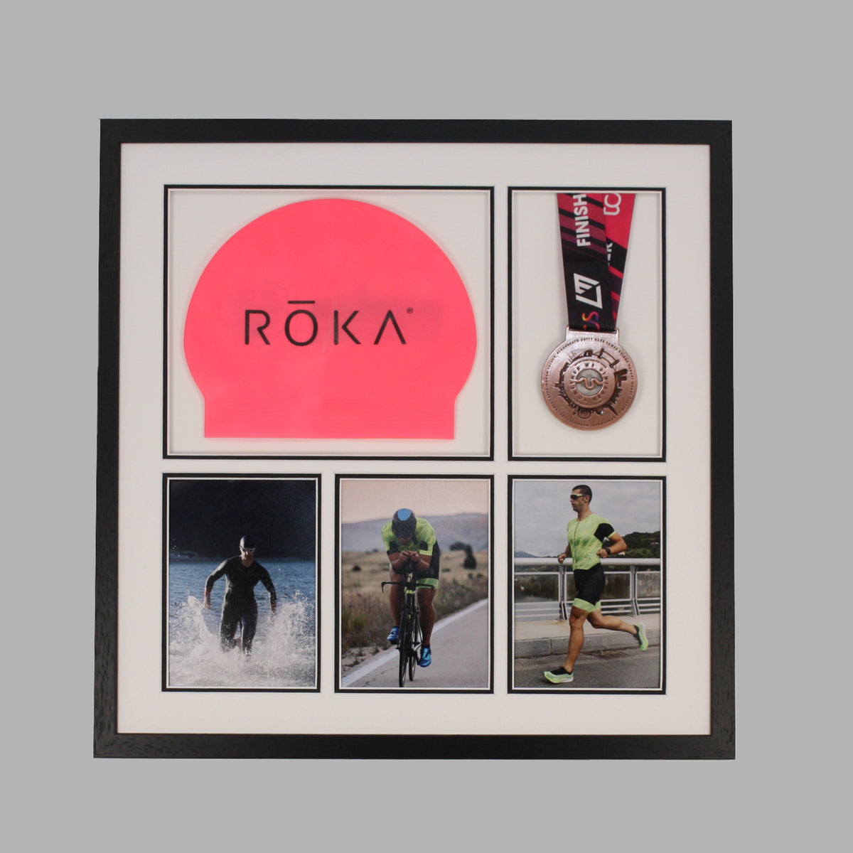 Triathlon Medal & Swim Cap Display Frame – Medal Holder with 3 Photos (5x7")