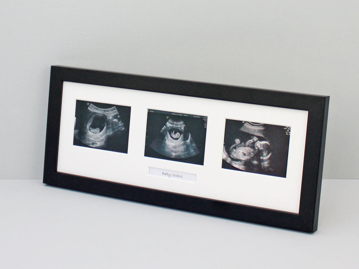 Landscape Baby Scan Frame for Three Scans and one Text Box. Optional Personalisation. - PhotoFramesandMore - Wooden Picture Frames