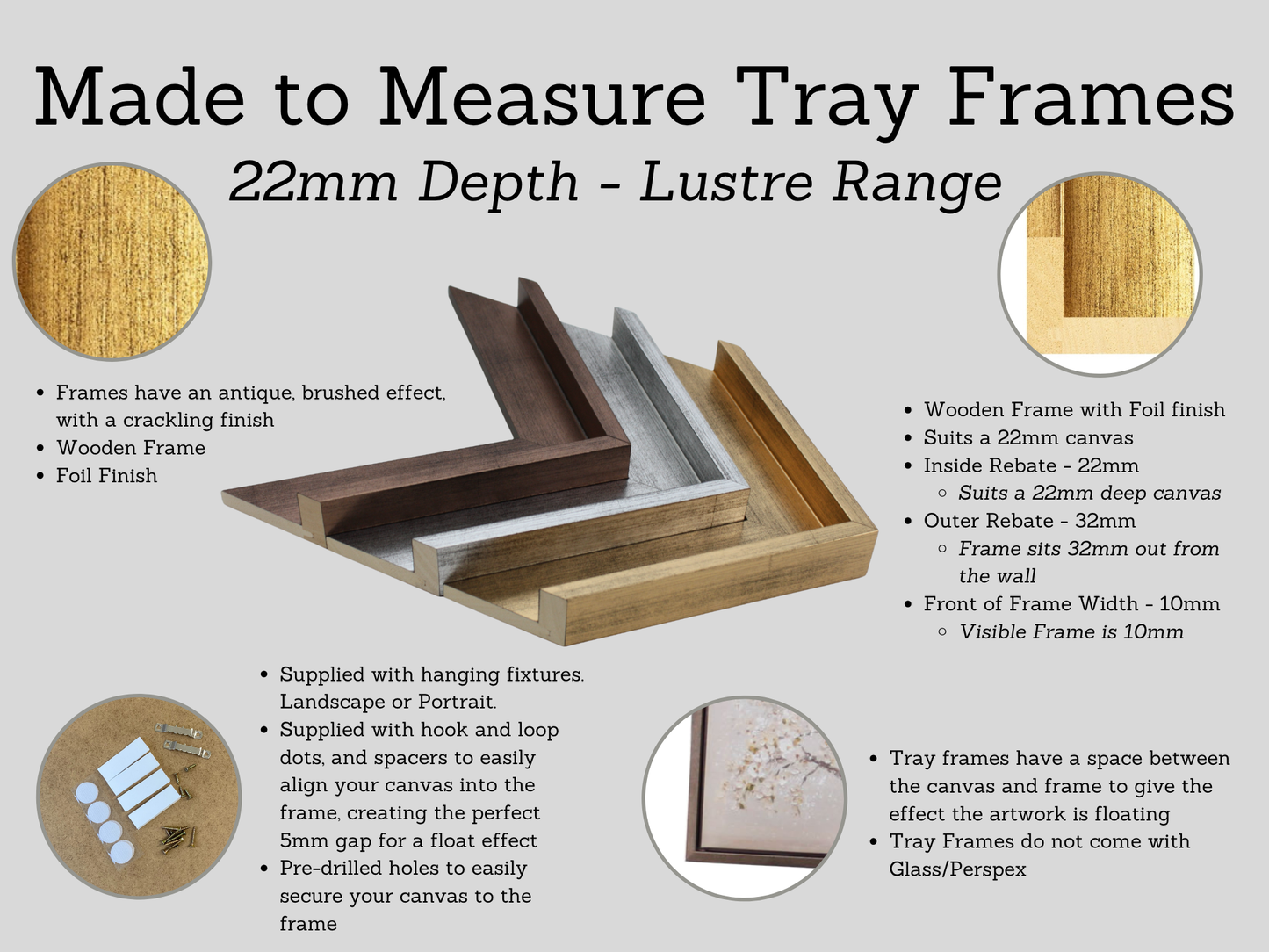 Silver Colour Wooden Tray Frames. 22mm Deep. Standard Size. Floating Effect Frames for Canvas