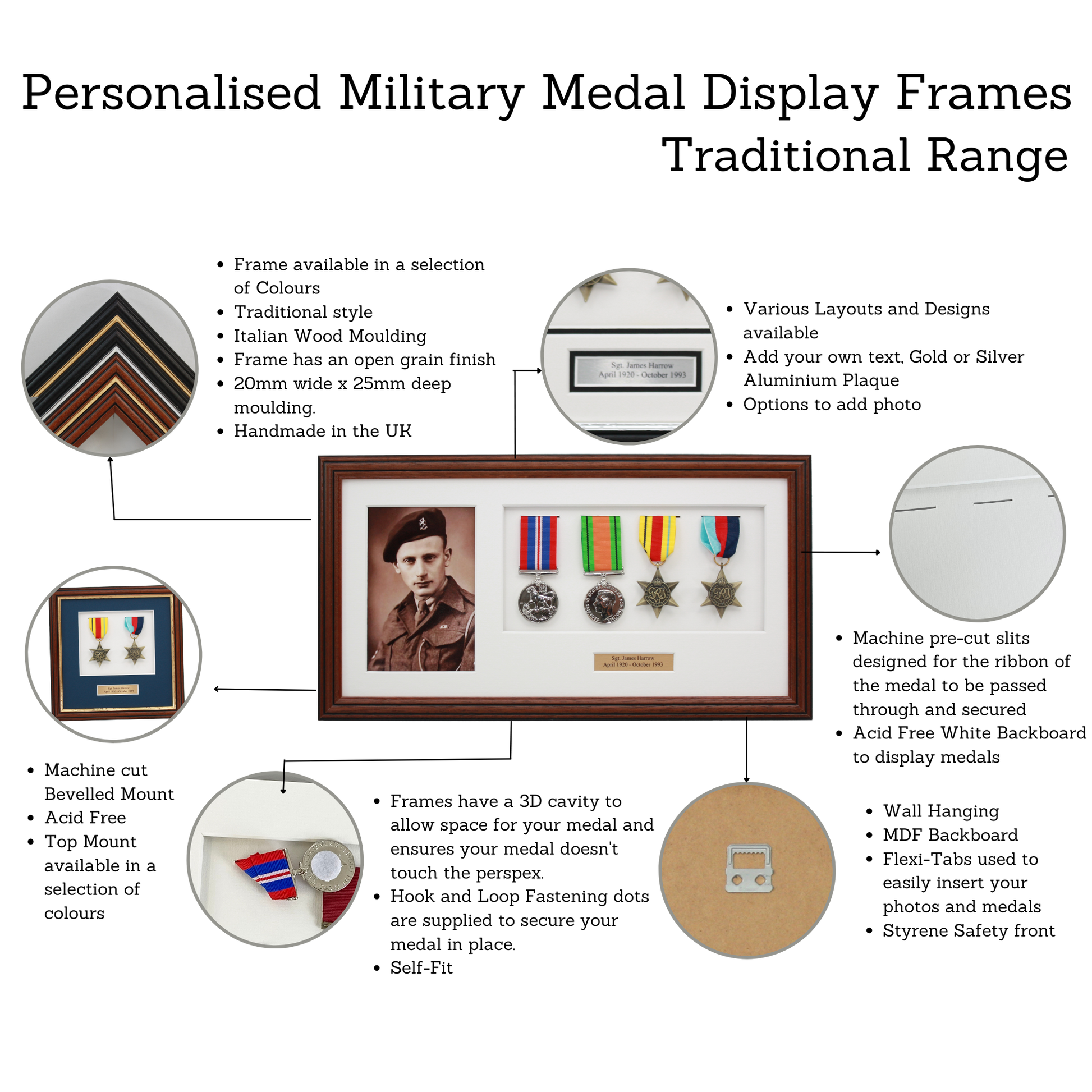 Personalised Military Medal display Frame for Five Medals. Traditional Range. - PhotoFramesandMore - Wooden Picture Frames