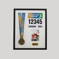 a framed display with a medal and a photo of a runner, likely from a marathon or running event.