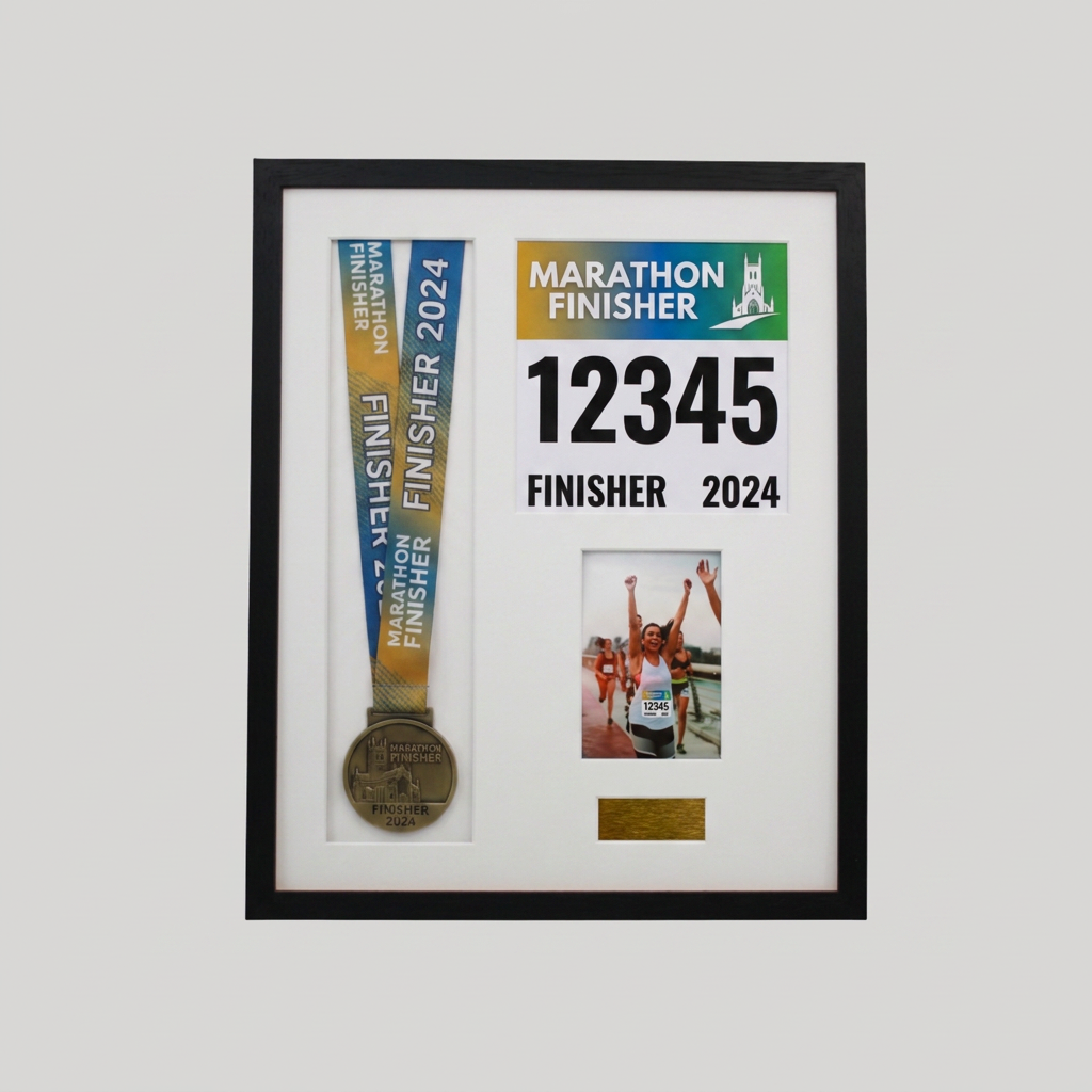 a framed display with a medal and a photo of a runner, likely from a marathon or running event.