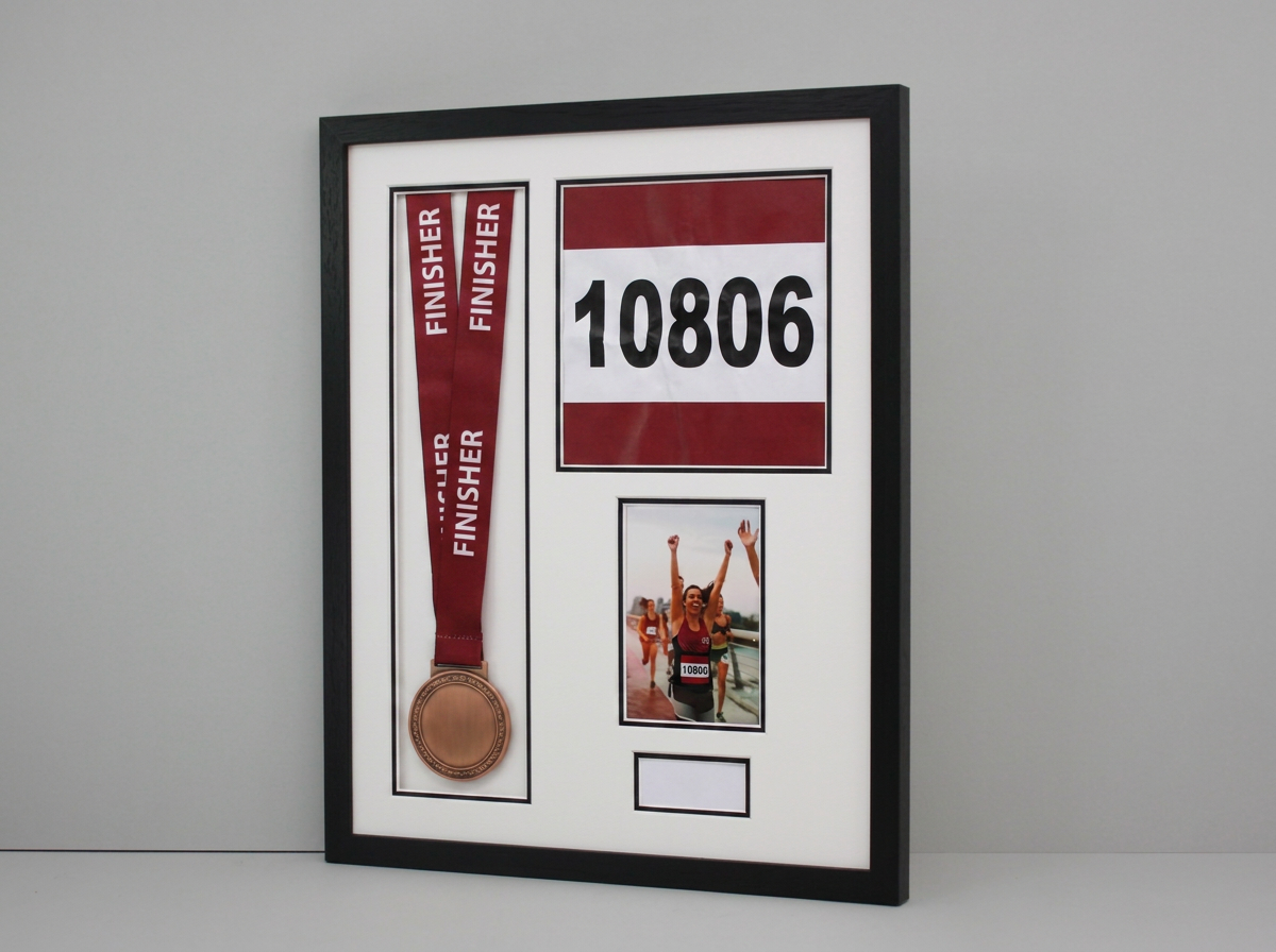 a framed display with a medal, a race number, and a photo of a runner.