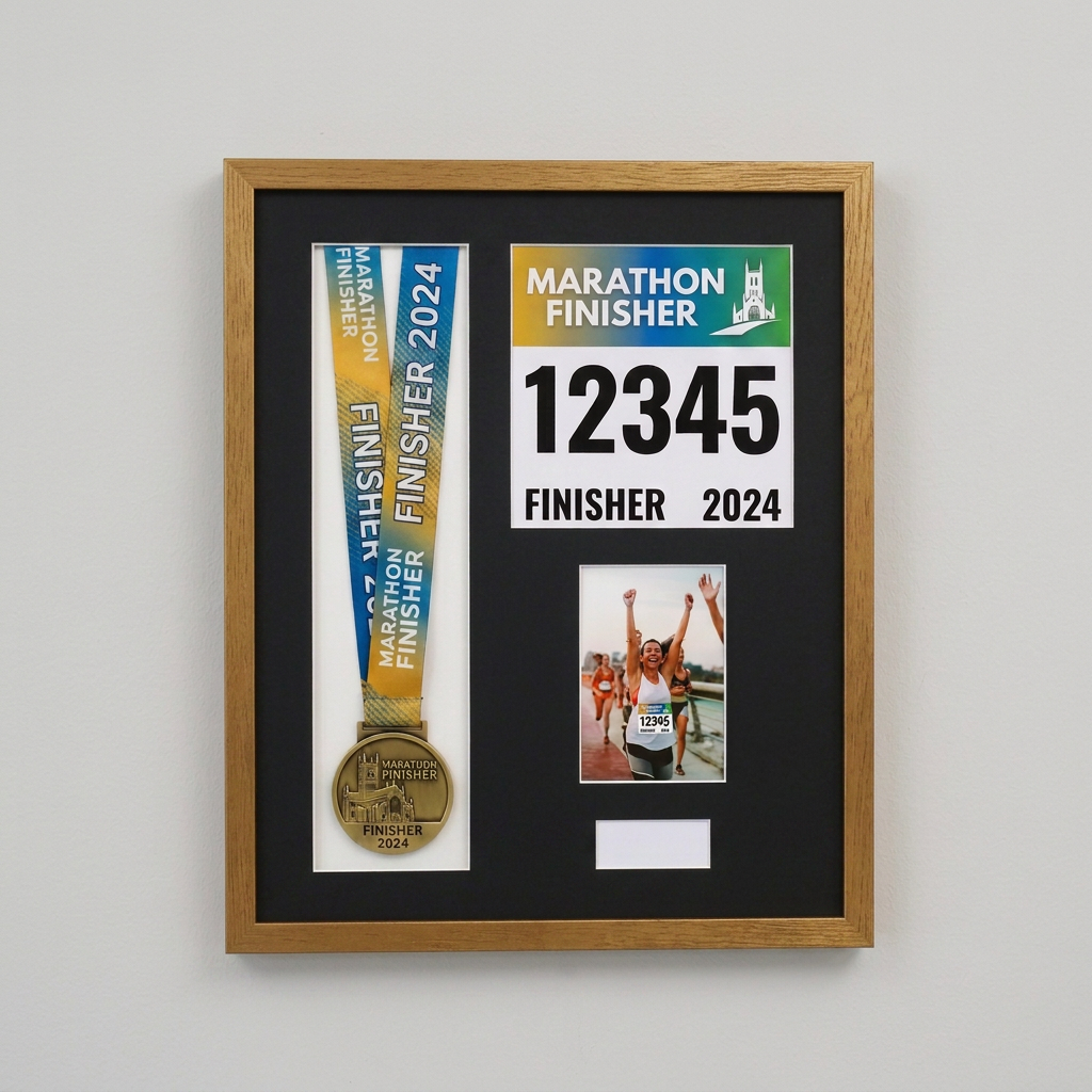 a framed display with a gold medal, a photo of three people, and a number pinned to it.
