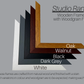 a range of wooden frames with different finishes, including oak, walnut, black, dark grey, and white. The frames are crafted from natural wood and finished with a stain, resulting in slight variations in color and woodgrain. The image emphasizes that these frames are unique, and slight variations in color and woodgrain are to be expected, making each piece unique.