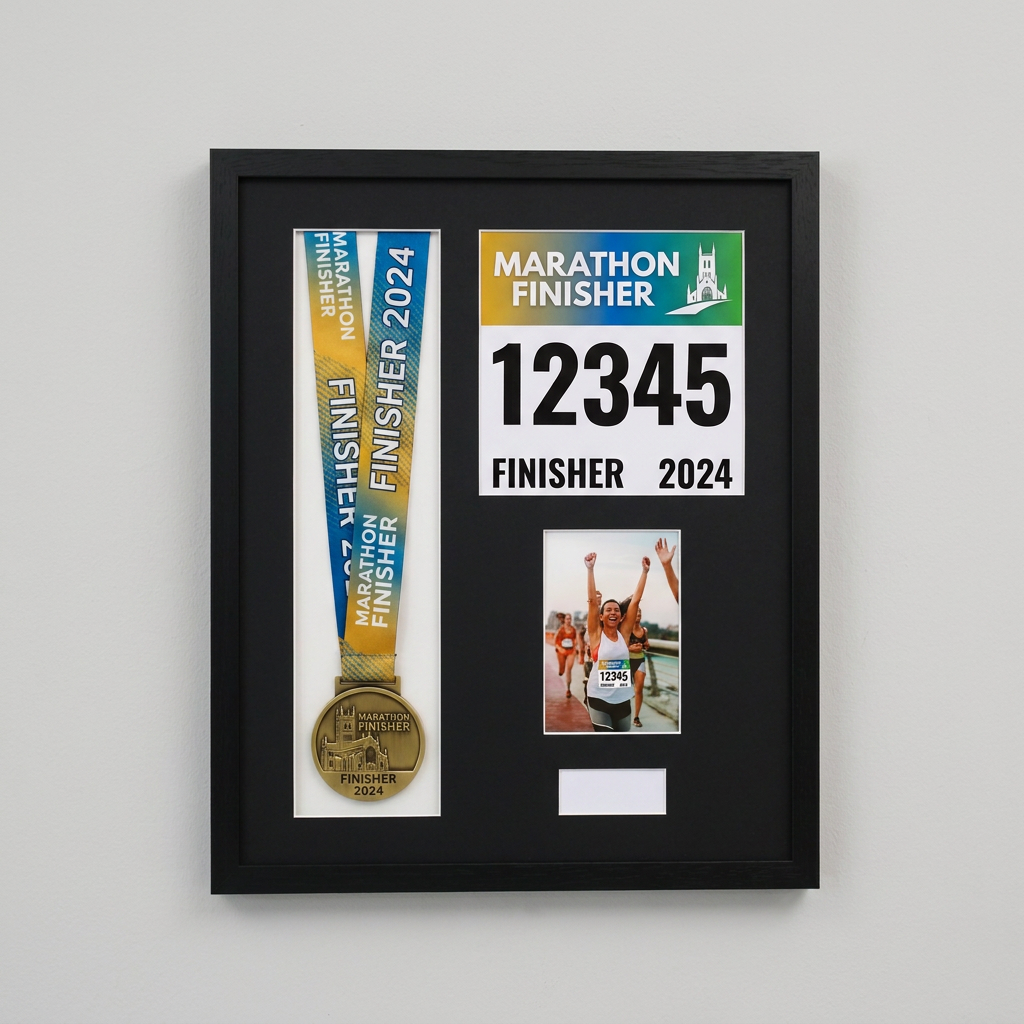 The image is a framed collage of a gold medal, a photo of a runner, and a race number.