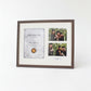 The image is a framed collage of two photos, one of which is a graduation photo, and the other is a group photo of three people.