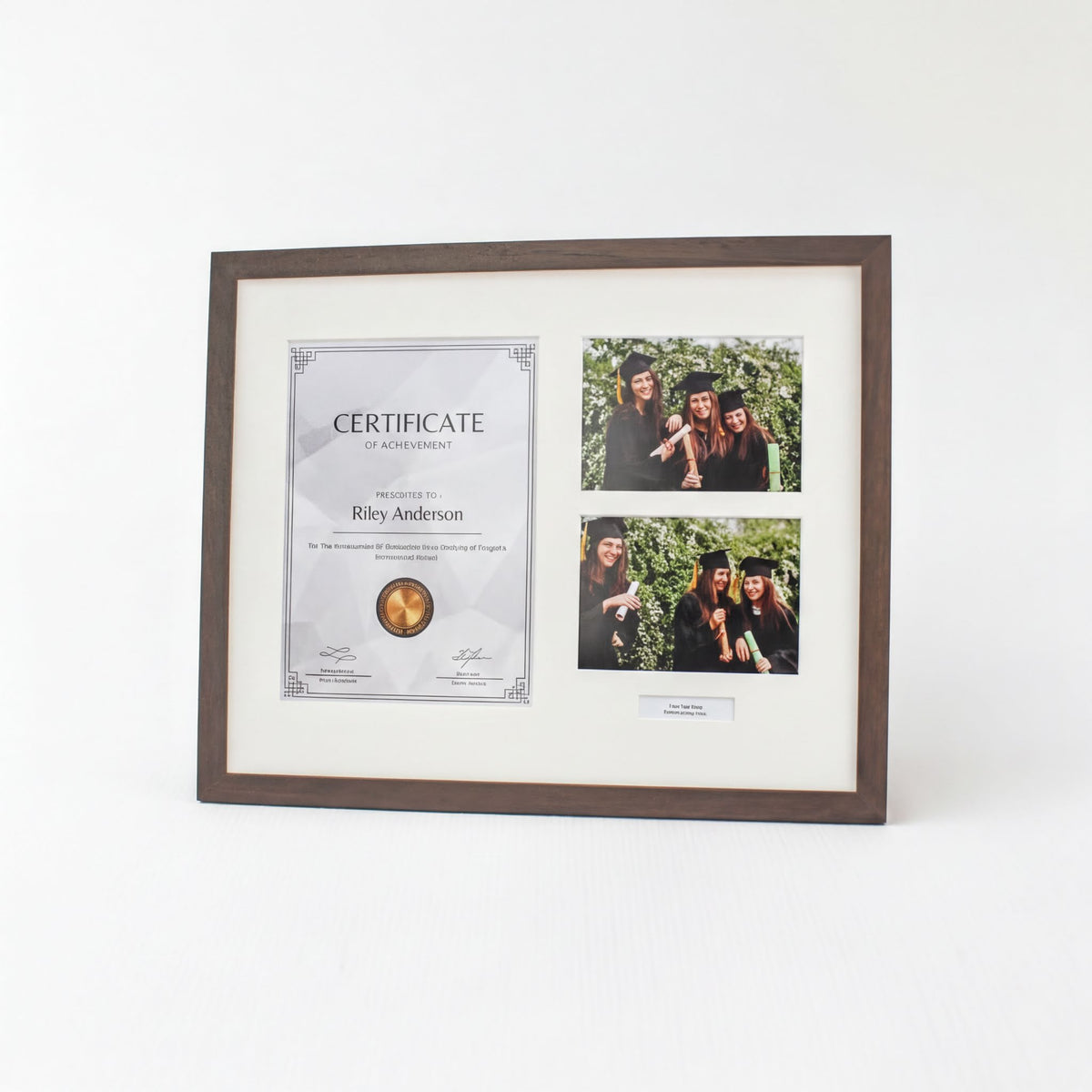 The image is a framed collage of two photos, one of which is a graduation photo, and the other is a group photo of three people.