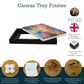 The image is an advertisement for canvas tray frames, featuring a colorful abstract painting, a black frame, and various materials for assembling and using the frames.