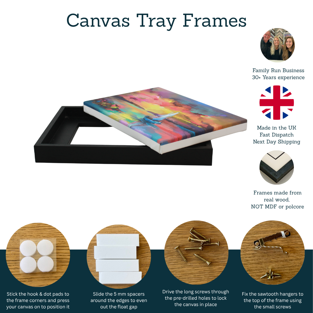 The image is an advertisement for canvas tray frames, featuring a colorful abstract painting, a black frame, and various materials for assembling and using the frames.