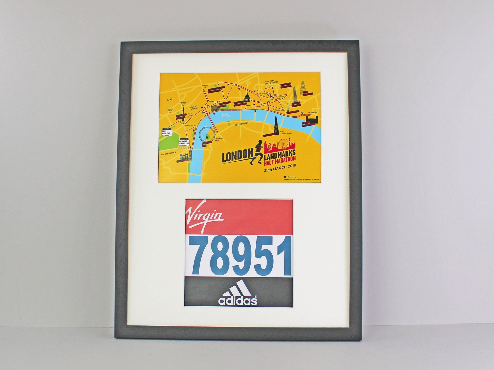 Frame to suit a Running / Cycling Bib and an A4 Certificate / Course Map. Landscape or Portrait - PhotoFramesandMore - Wooden Picture Frames