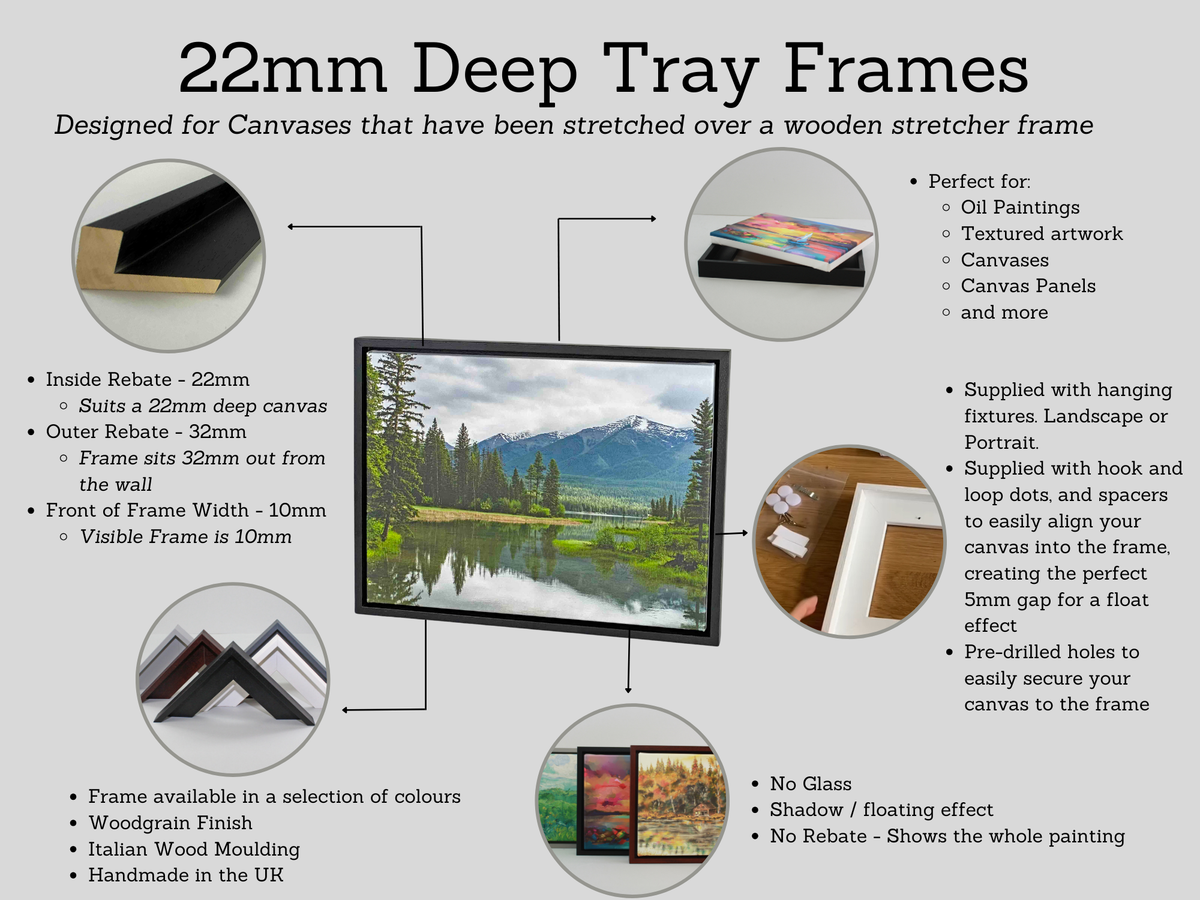 Dark Grey - Wooden Tray Frames. 22mm Deep. Standard Size. Floating Effect Frames for Canvases. - PhotoFramesandMore - Wooden Picture Frames
