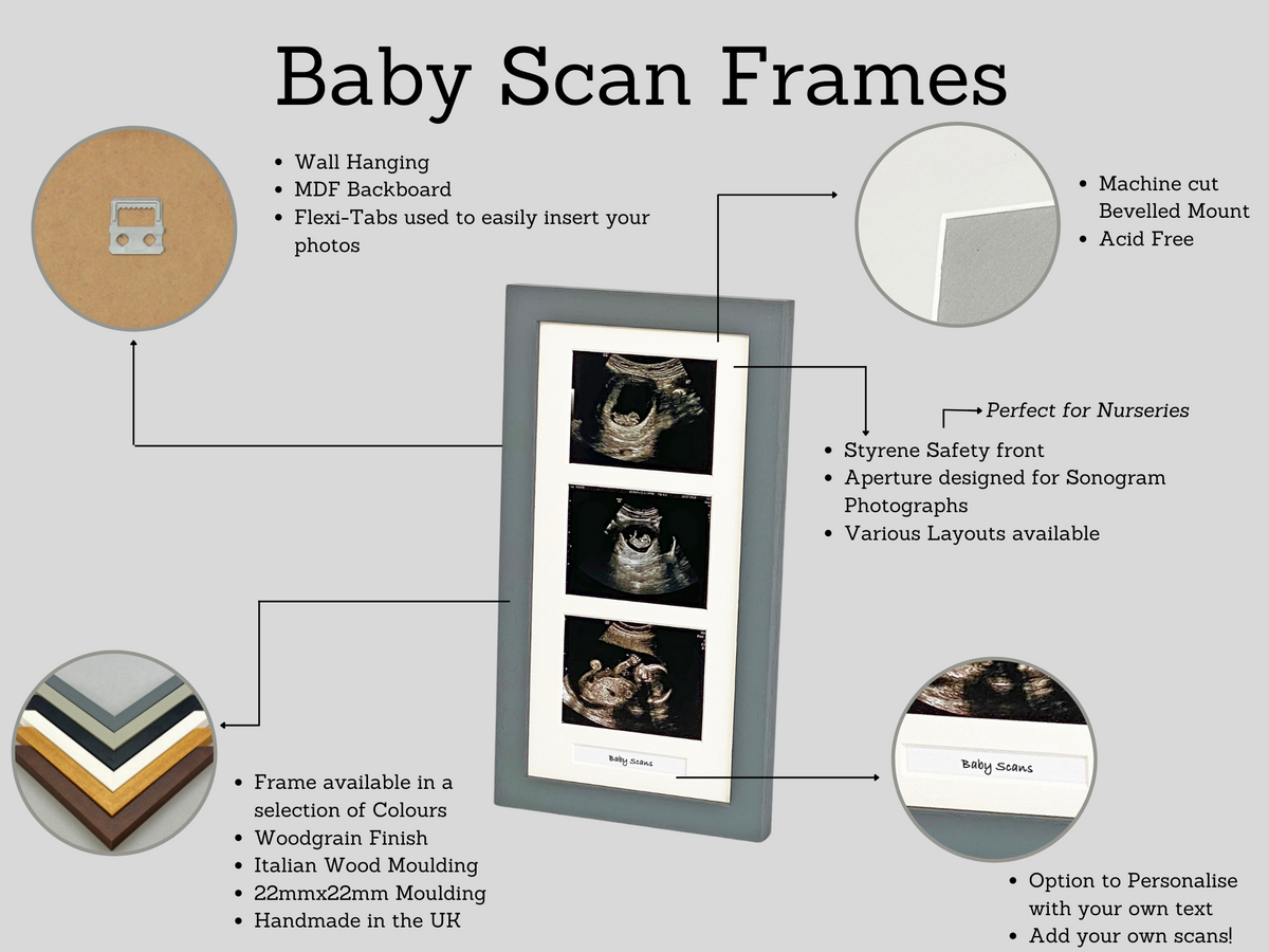 Baby Scan Frame - Portrait Multi Aperture Frame for Three scans and text. - PhotoFramesandMore - Wooden Picture Frames