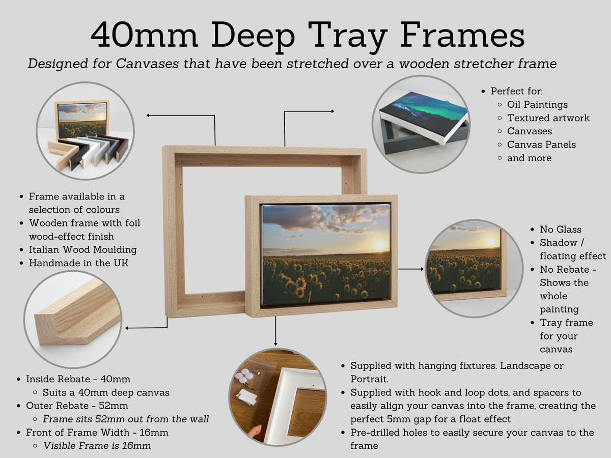 Oak Colour - 40mm Deep Canvas Tray Frames.  Standard Sizes. Floating Effect Frames for Canvases. - PhotoFramesandMore - Wooden Picture Frames