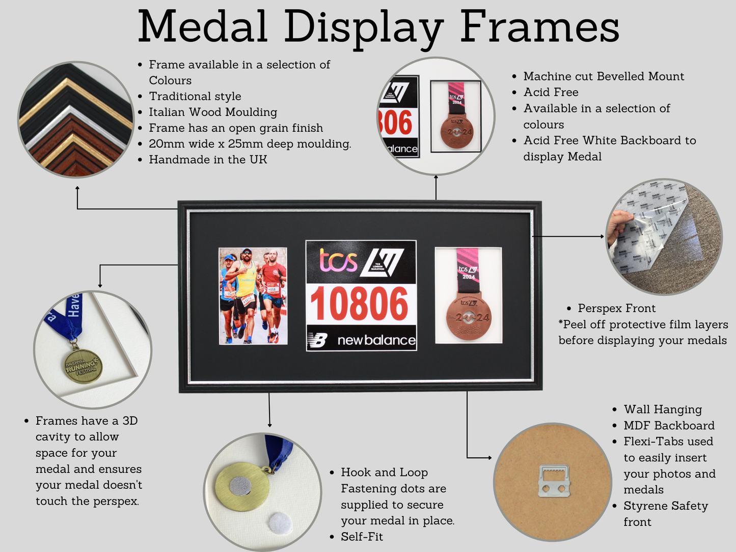 Medal display Frame with Apertures for Bib  &  Photo. Traditional Range. - PhotoFramesandMore - Wooden Picture Frames
