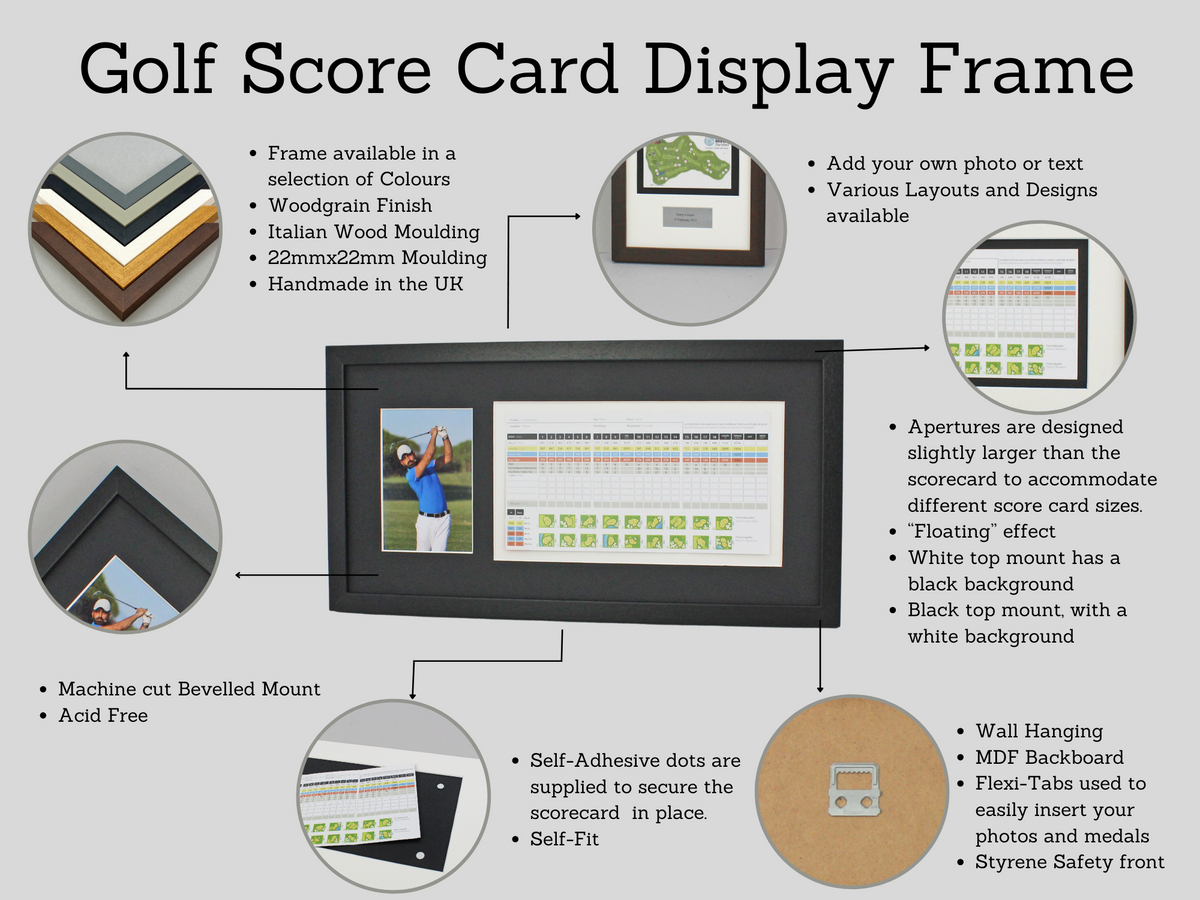 Personalised Golf Score Card Display Frame, With 6x4" Photo. 25x50cm Frame | Score Card sizes can vary - Check your size before purchase. - PhotoFramesandMore - Wooden Picture Frames