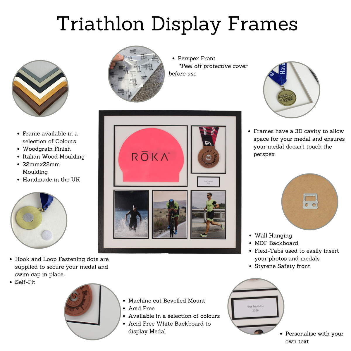 Personalised Triathlon Medal & Swim Cap Display Frame – Medal Holder with 3 Photos (5x7")