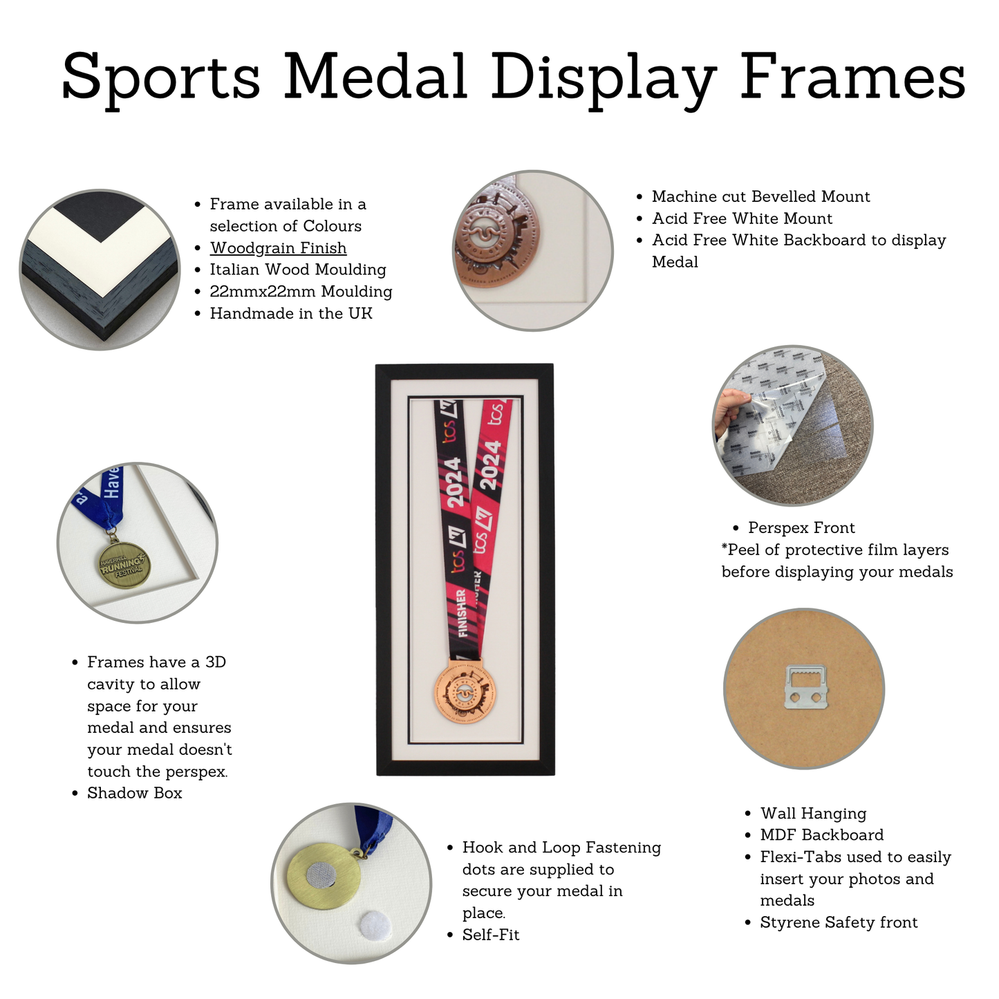 Medal display Frame. For one medal, with full ribbon on show. 20x50cm.