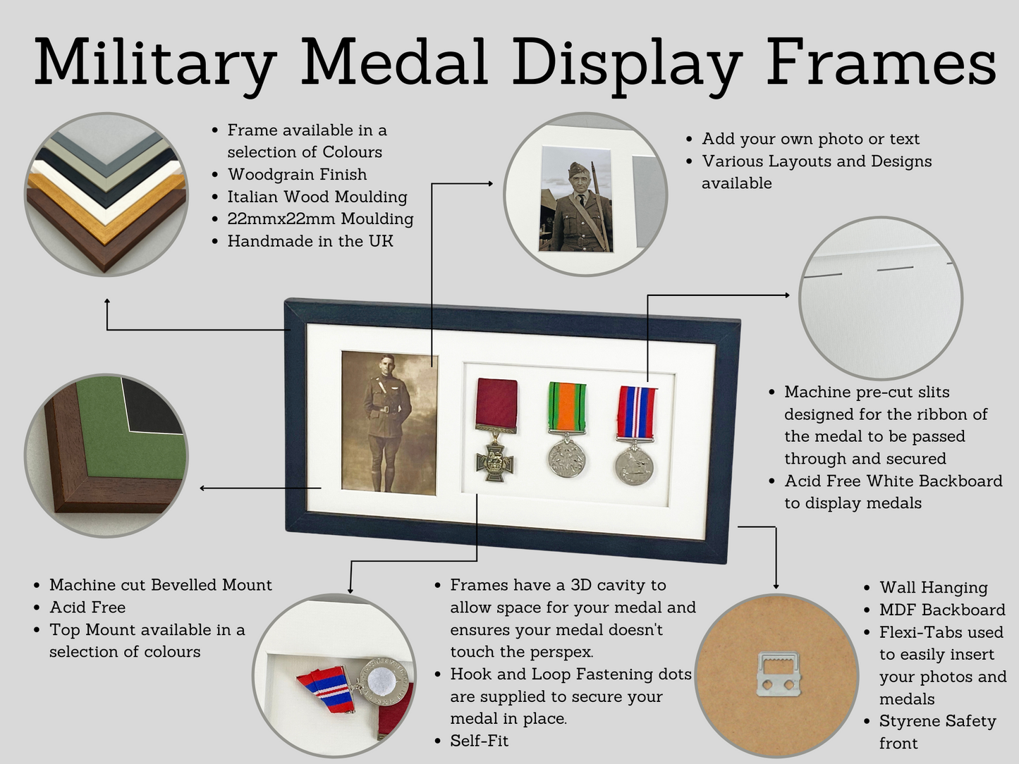 Personalised Military Medal display Frame for Four Medals and Two 6x4" Photographs. 20x50cm. - PhotoFramesandMore - Wooden Picture Frames