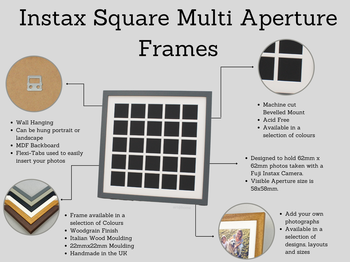 Instax Square Multi Aperture Wooden Photo Frame. Holds Forty-Nine 62mmx62mm sized Photos. 60x60cm - PhotoFramesandMore - Wooden Picture Frames