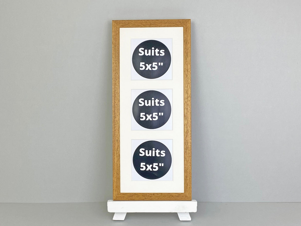 Suits Three 5x5" pictures. 20x50cm. Wooden Multi Aperture Photo Frame. - PhotoFramesandMore