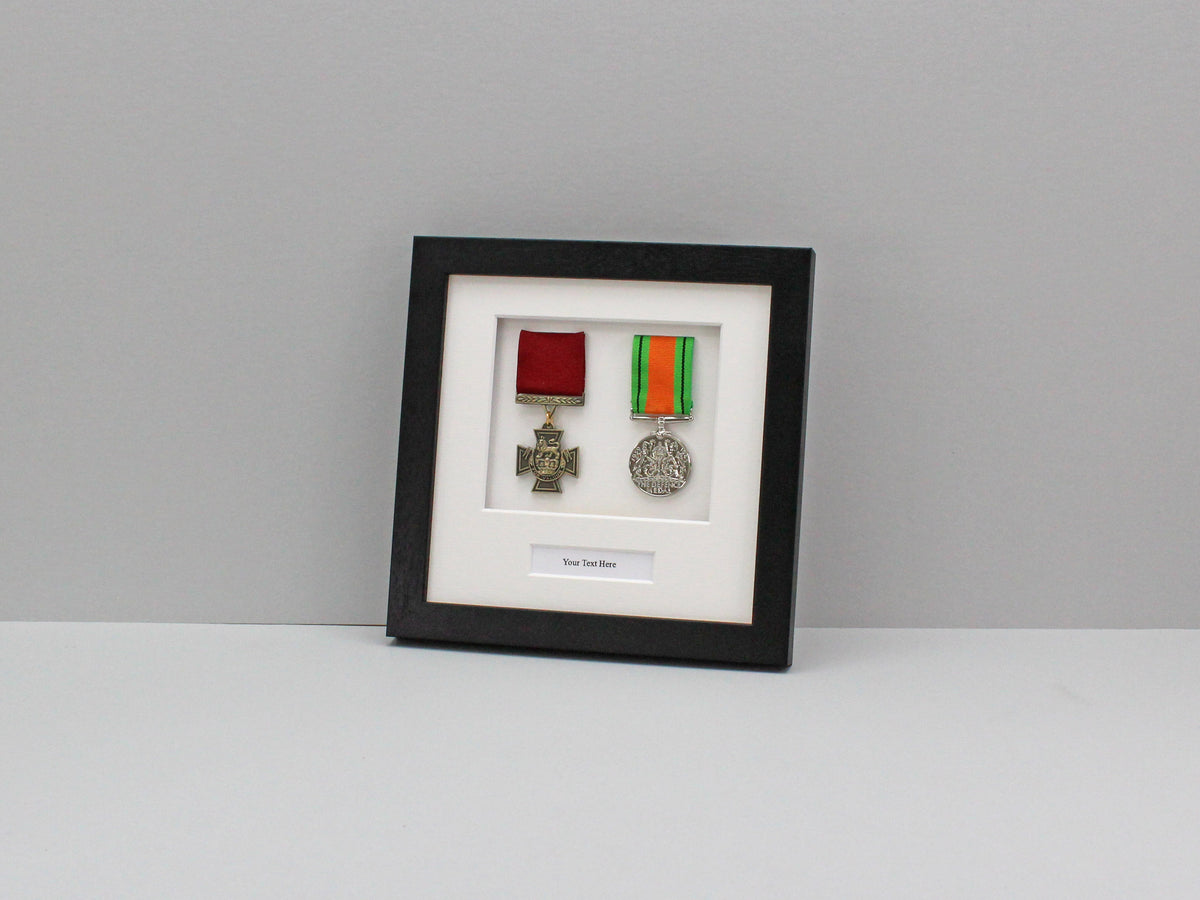 Personalised Military Medal display Frame for Two Medals and Text. 20x20cm. War Medals. - PhotoFramesandMore - Wooden Picture Frames